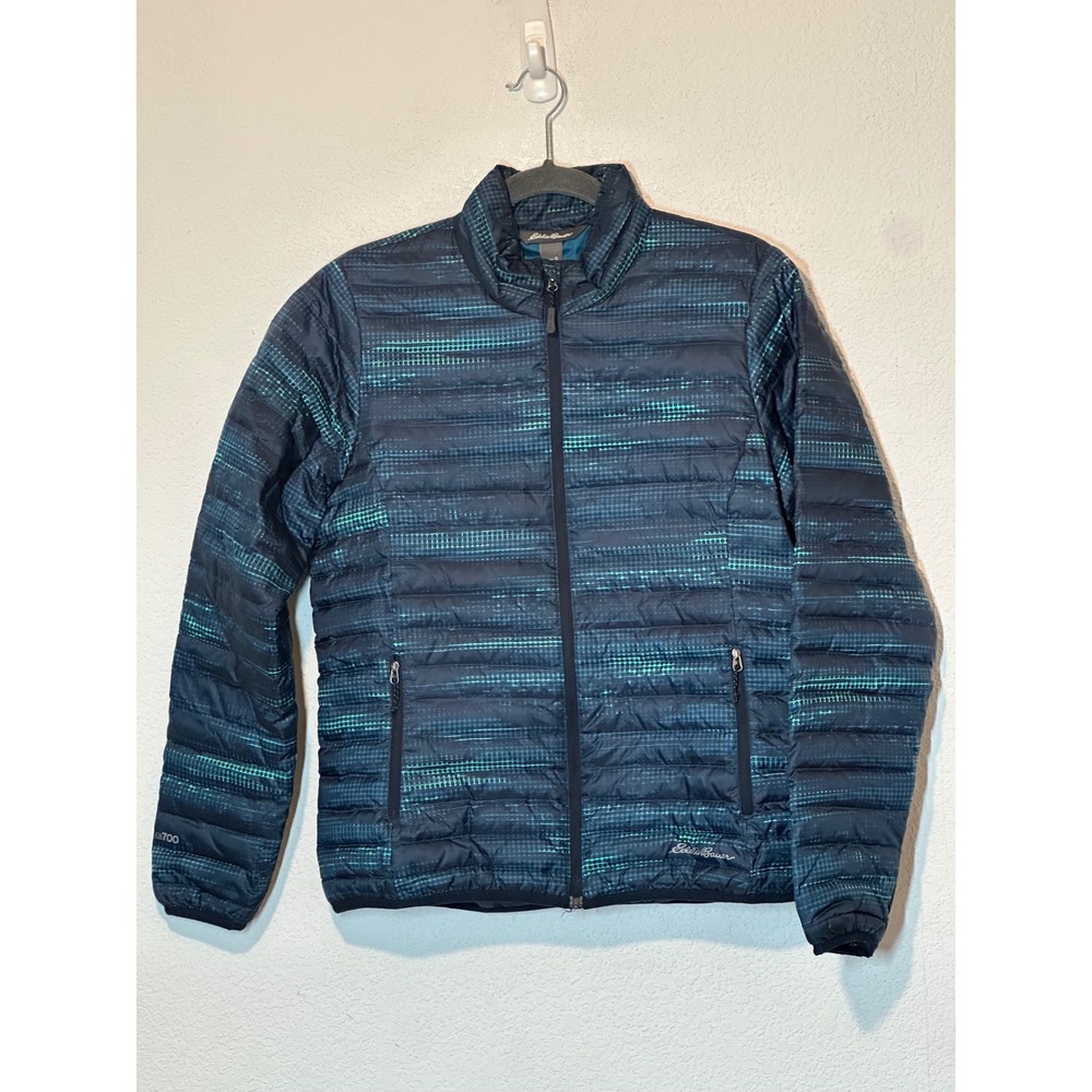 Eddie Bauer EB700 Down Puffer Jacket Women Small Teal Black Dot Print Full Zip